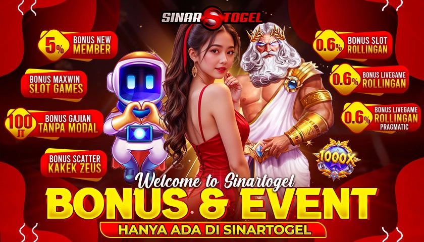Promotional banner for Sinartogel with bonuses and events featuring characters and bright offers.