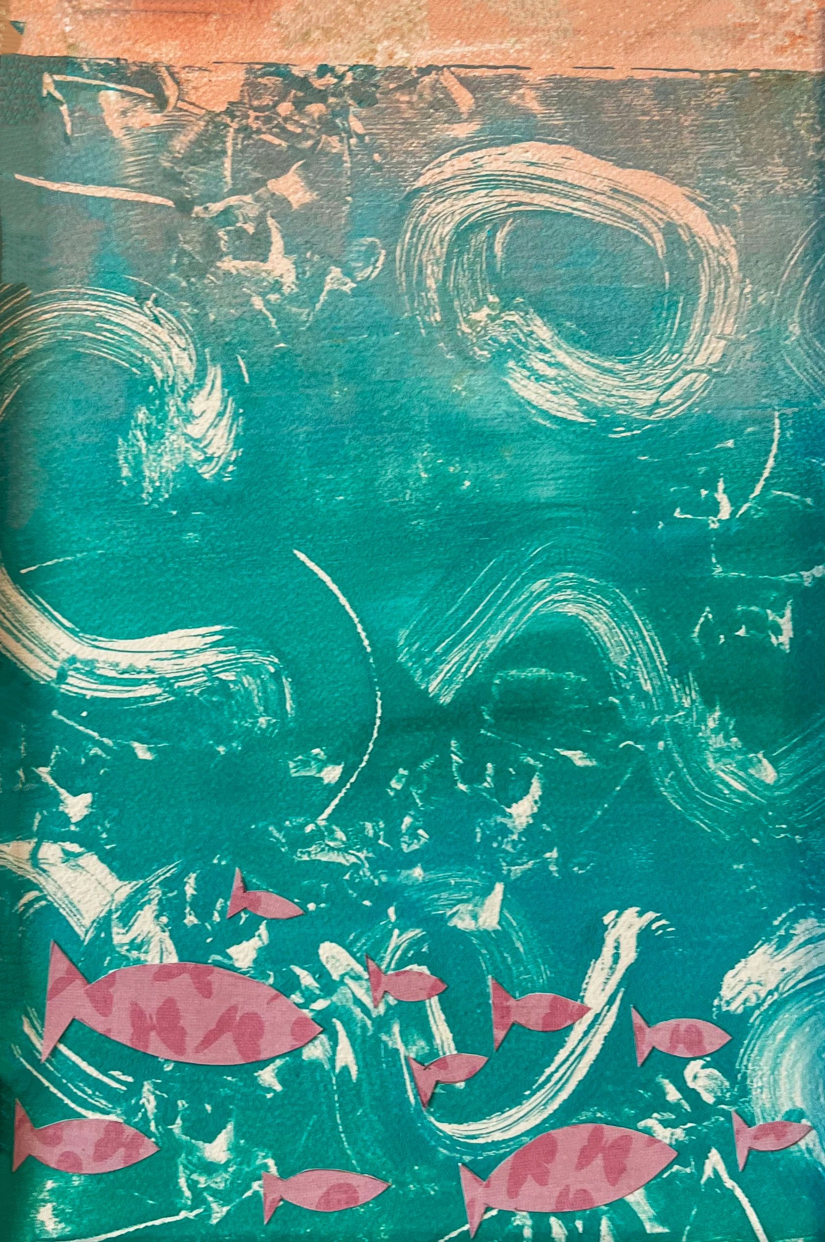 Swimming in the Ocean. Monotype and mixed media.