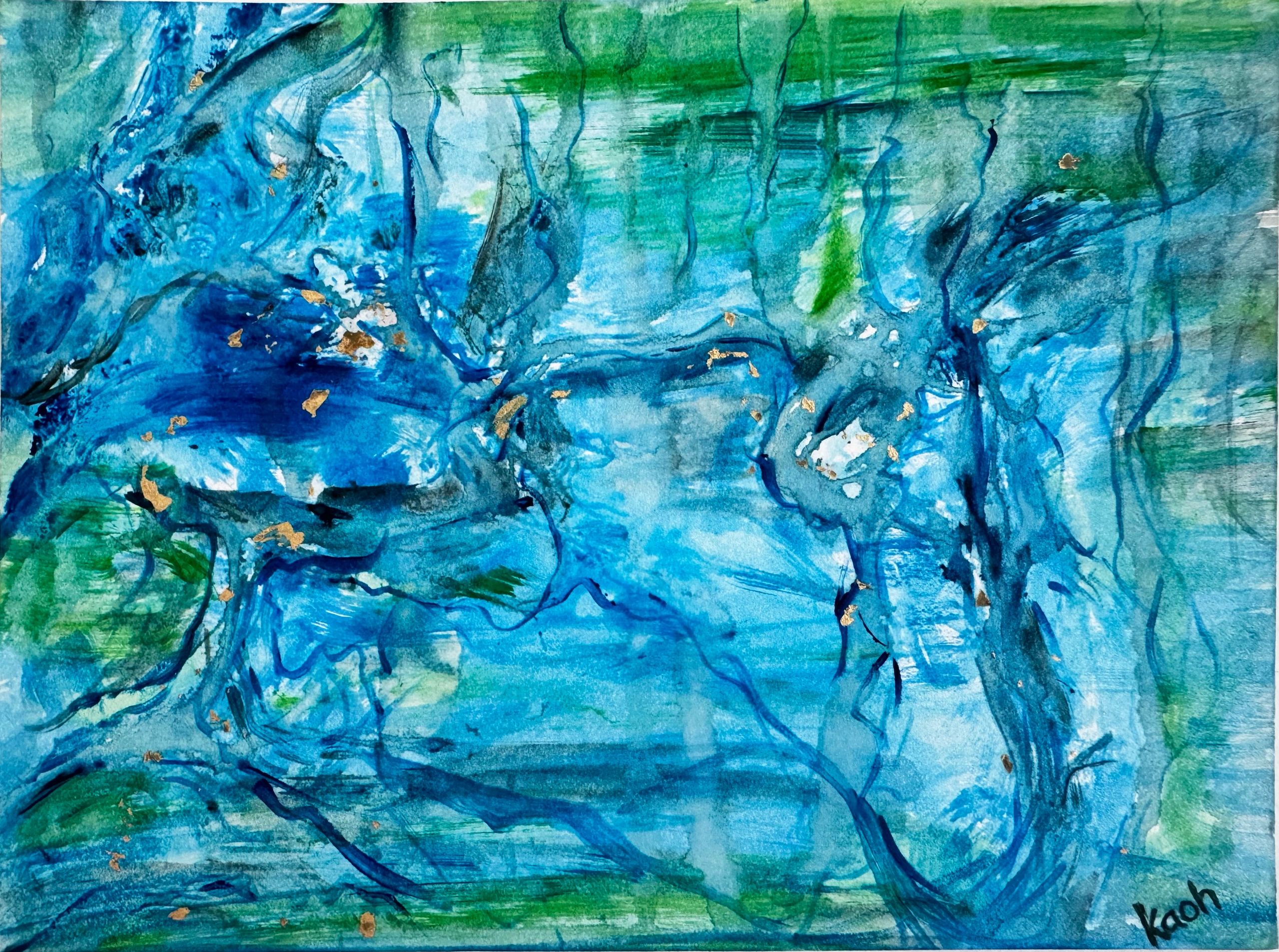 Under the Sea. Watercolor with gold flakes.