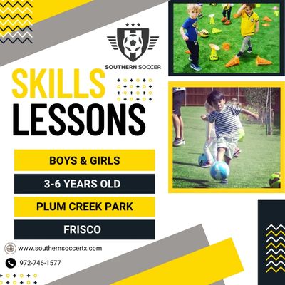 Youth soccer skills lessons for boys and girls ages 3-6 at Plum Creek Park, Frisco.