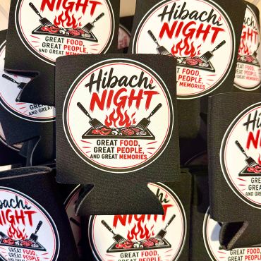 Stack of Hibachi Night coasters with a food-themed design.