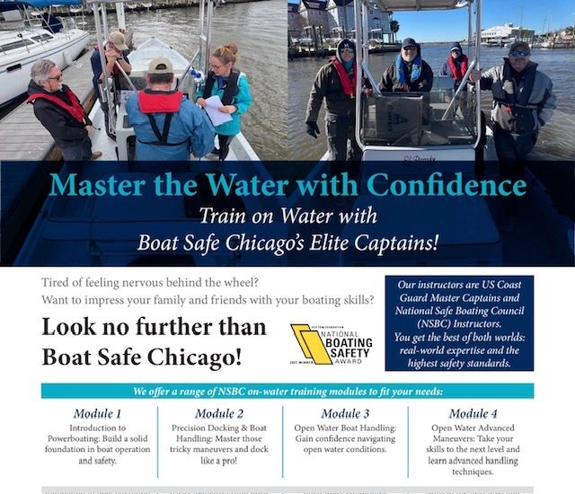 Boat Safe Chicago's National Safe Boating Council Course Training Flyer/courtesy of Boat Safe Chicago training modules introduction to power baoting powerboating docking and close quarter maneuvers open water advanced open water boat training