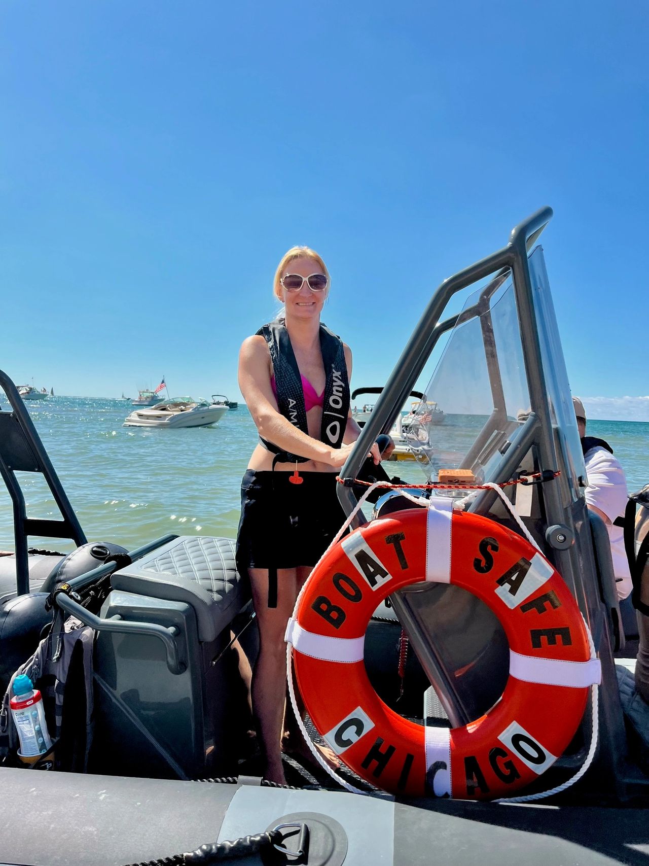 Kelly demonstrating a Highfield Boat in 2023/ photo courtesy of Boat Safe Chicago highfield patrol boat highfield north america kelly modugo narcan nurse
