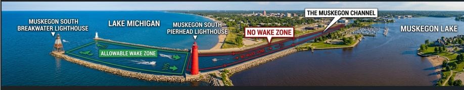 Google AI generated image depicting the RED no wake zone and the GREEN permitted wake zoneMuskegon Harbor Muskegon Lake Muskegon Channel Michigan DNR Muskegon County Sheriff 