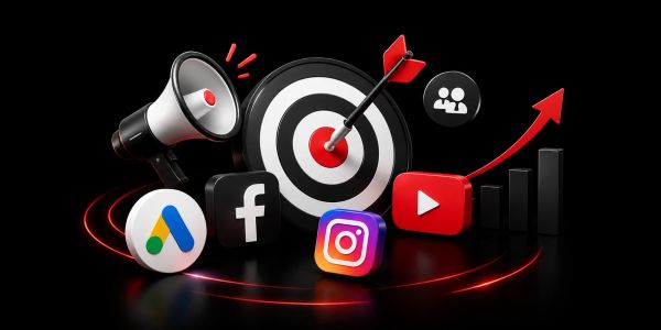 3D icons of social media and marketing with growth arrow.