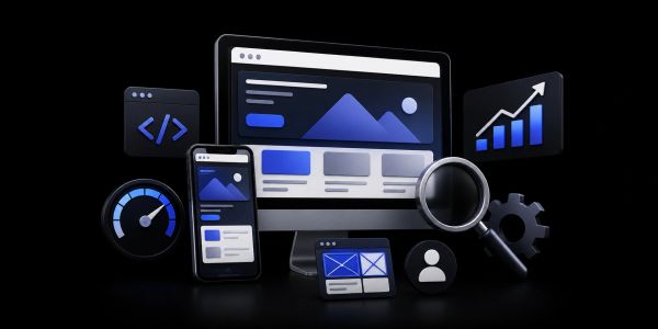 Digital marketing and analytics icons with devices and graphs.