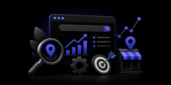 3D icons representing SEO and digital marketing concepts with dark theme.