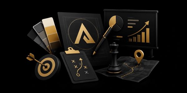Black and gold business strategy and analytics objects.