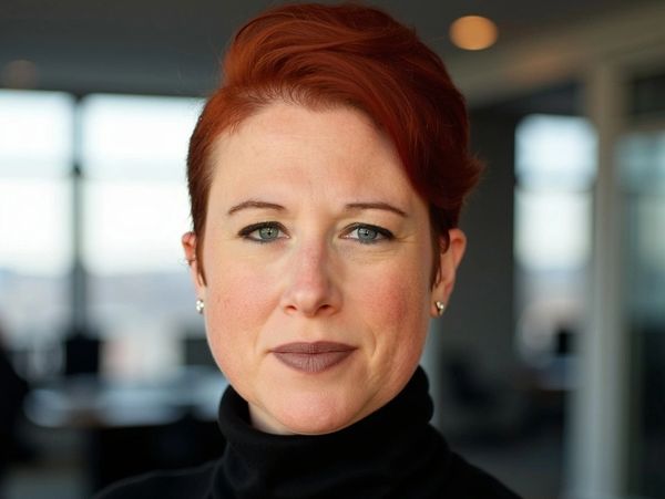 Professional woman with red hair and a black turtleneck in an office setting.