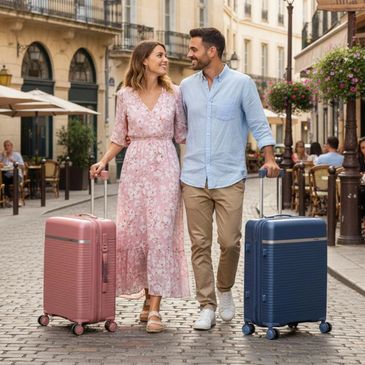 Couple walking on a street with luggage, smiling at each other.