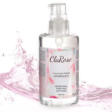 ClaRose Pure Rose Water Hydrolate bottle with pink splash.