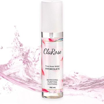 ClaRose Pure Rose Water Hydrolate bottle with pink splash.