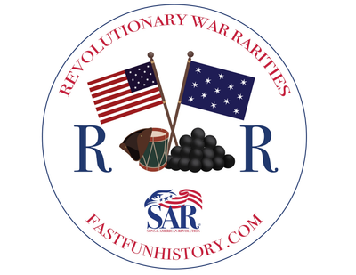 Logo for Revolutionary War Rarities with flags and cannonballs.