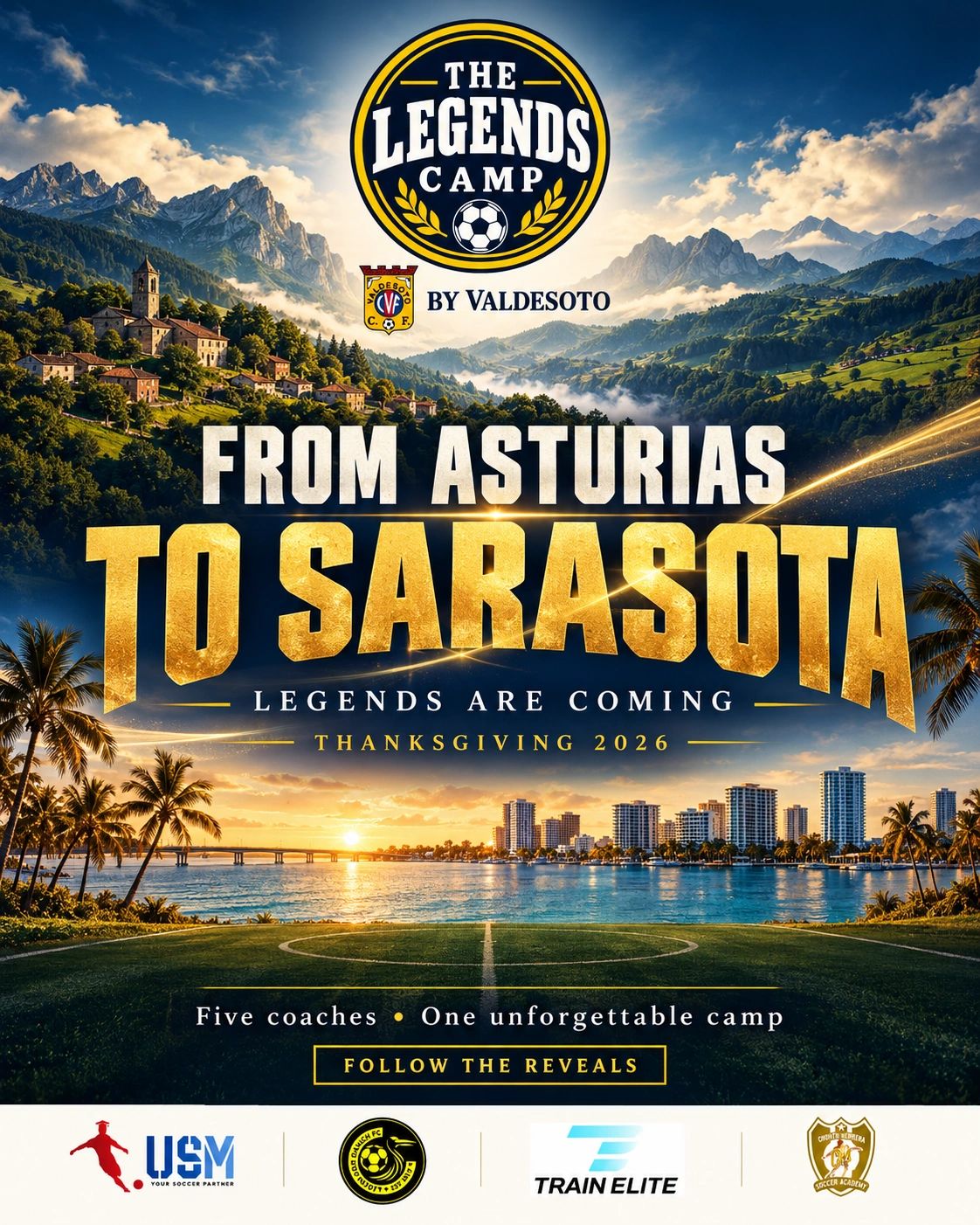 Soccer camp announcement from Asturias to Sarasota in 2026.