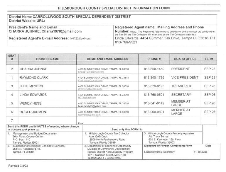 Hillsborough County Special District information form for Carrollwood South Special Dependent District.