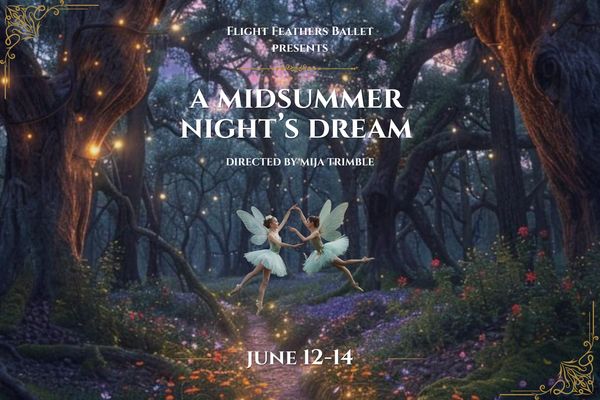 Ballet dancers in fairy costumes perform in an enchanted forest for A Midsummer Night's Dream.