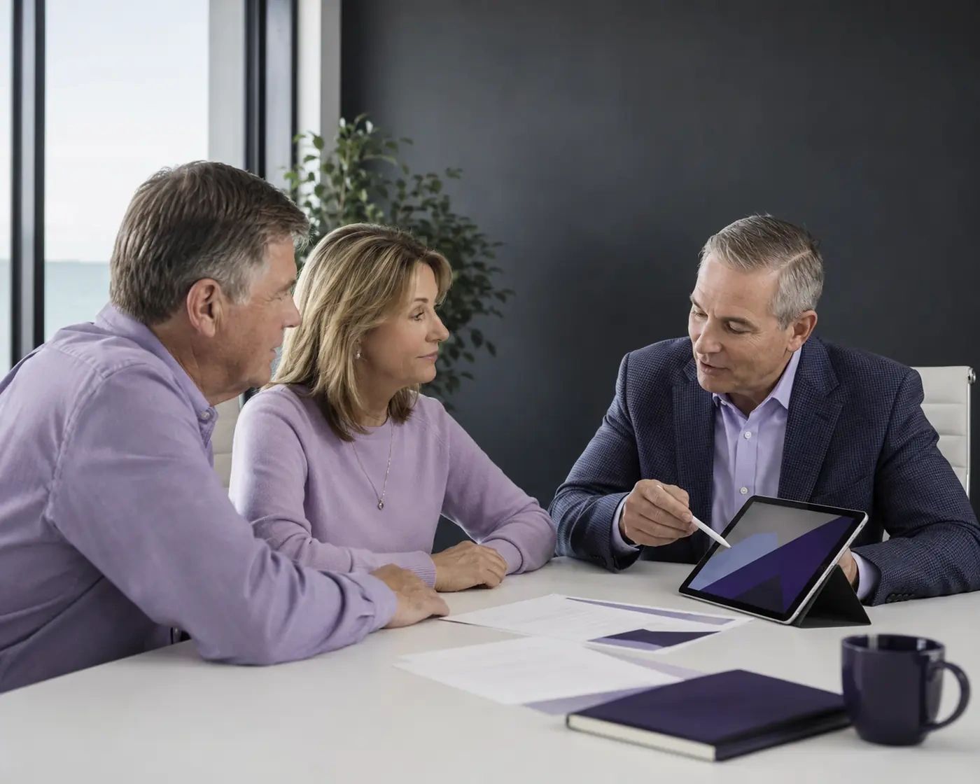 An advisor explaining an insurance contract formula to a Jacksonville couple using paper
