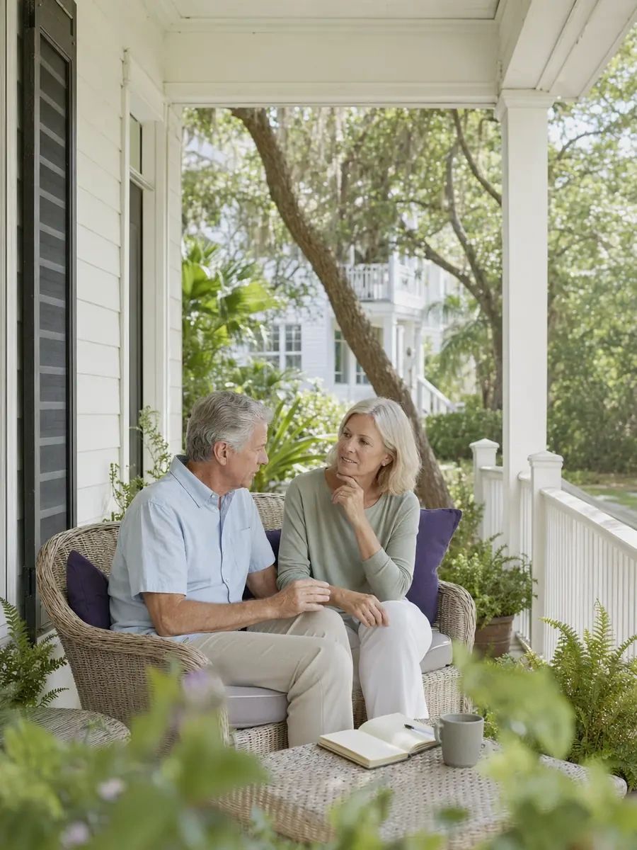 An active older Northeast Florida couple on a shaded porch discussing future plans