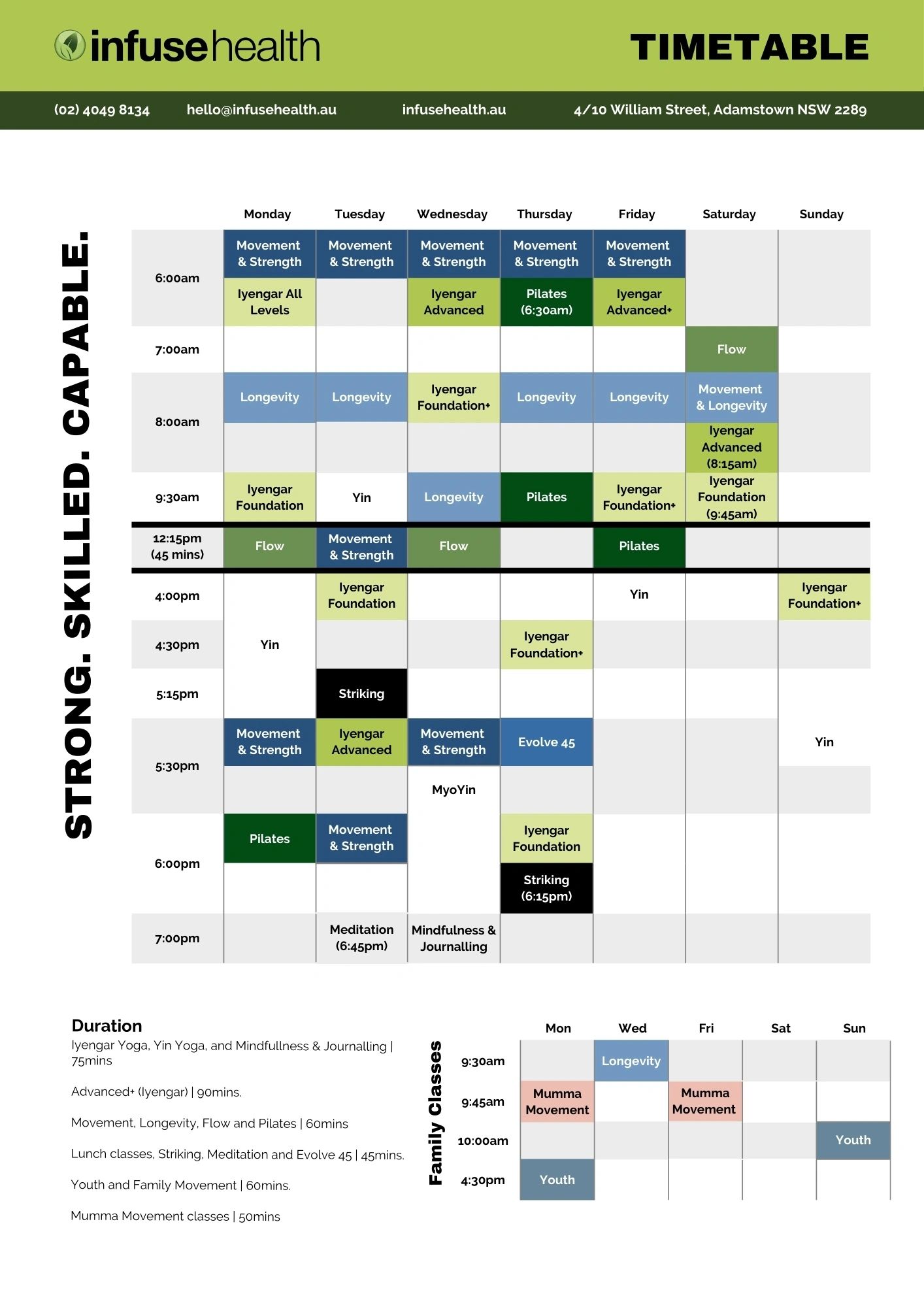 Image of our class timetable, showing classes 7 days a week and over 40 classes to choose from.