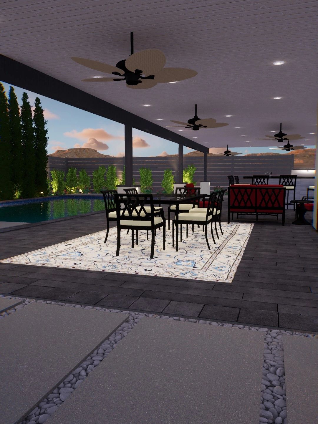 Outdoor dining area with solid patio cover.