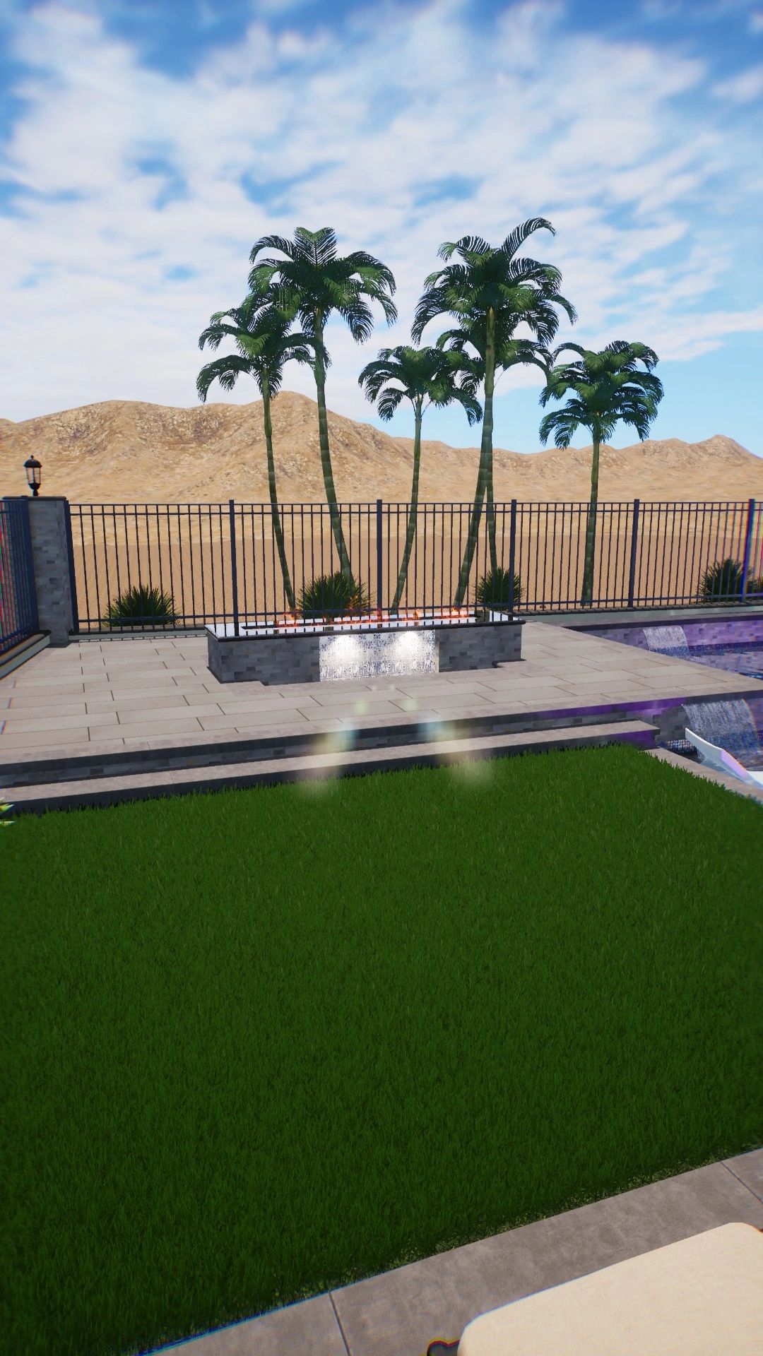 Raised lounge are with fire feature and water feature.