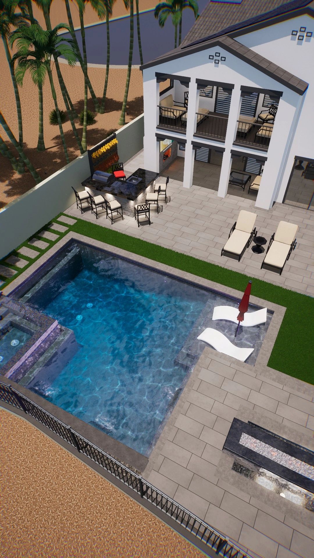 This back yard includes a swimming pool, porcelain paver deck, and outdoor kitchen.