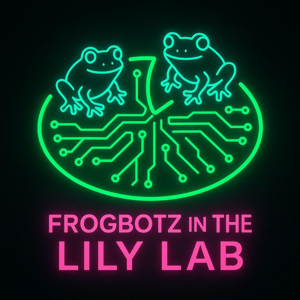 Neon lily lab emblem with two frogs