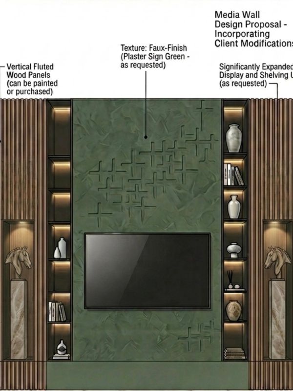 Media wall design with green faux-finish texture and vertical wood panels.