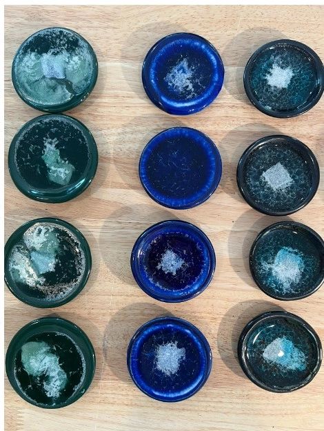 Ceramic coasters with glass fusion. Different shades of blue