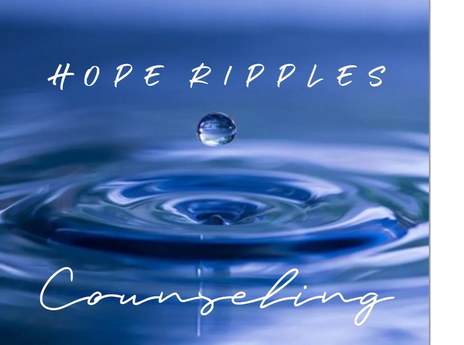 Hope Ripples centered over an image of a water droplet suspended over a series of ripples of water.