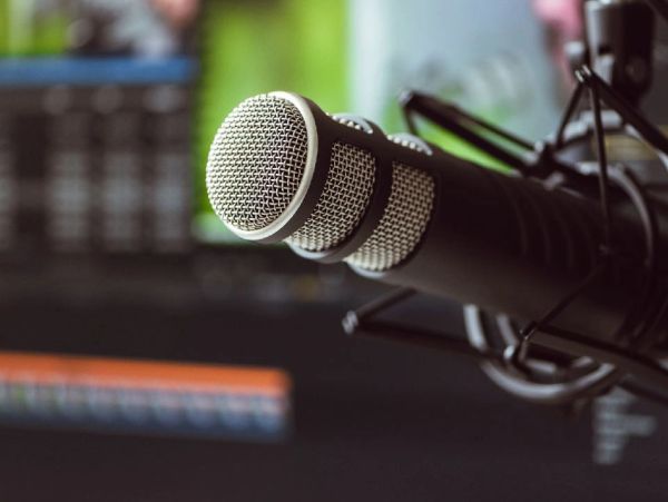 Close-up of a professional microphone in a recording studio.