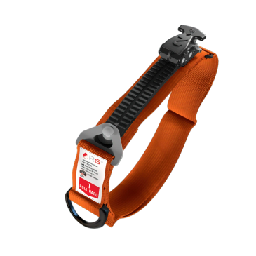 Adjustable orange strap with buckle and clip.