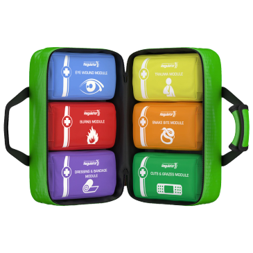 First aid kit with six color-coded modules for different emergencies.