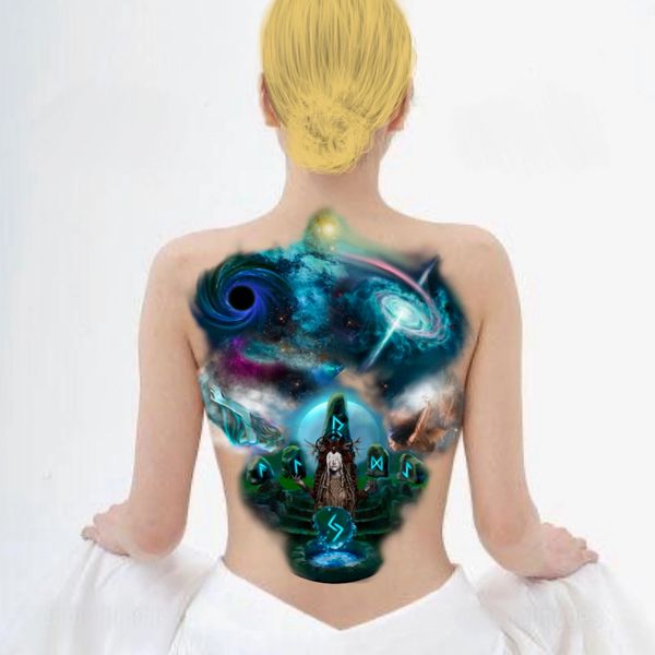 Woman with a cosmic and mystical tattoo on her back.