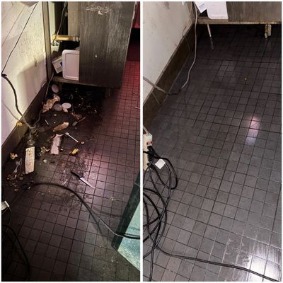 Before and after cleaning a dirty tiled floor.
