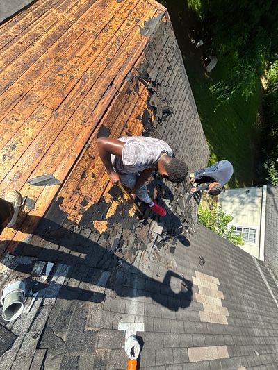 Two people removing old shingles from a roof.