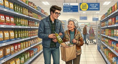 Young man helps elderly woman shop in grocery aisle.