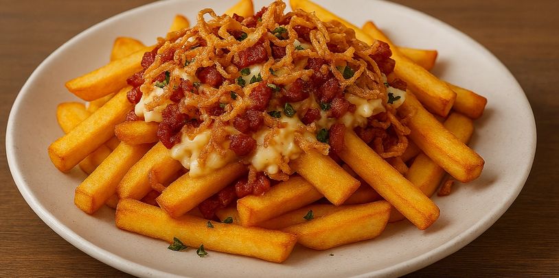 Plate of loaded fries topped with cheese, bacon bits, and crispy onions.