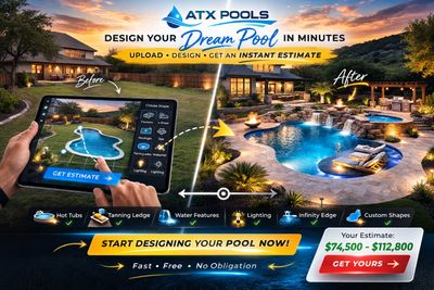 Before and after pool design with ATX Pools app showing estimate range.