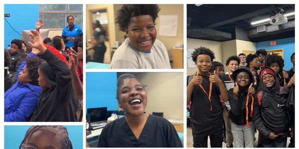 Happy students and a teacher in a vibrant classroom setting.