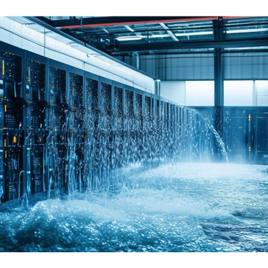 Server room flooding with water spraying from racks.