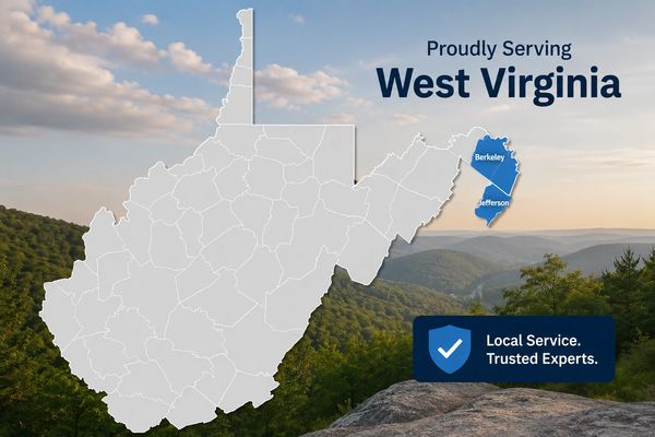Map highlighting Berkeley and Jefferson counties in West Virginia with a sunset mountain background.