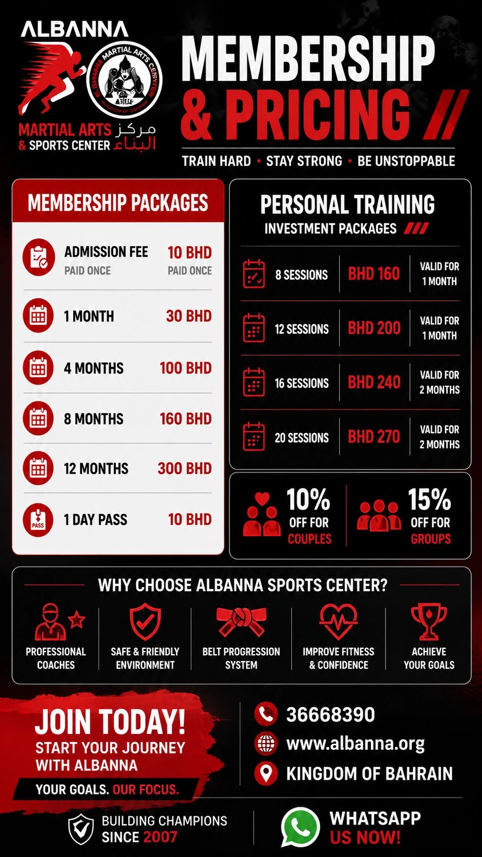 Albanna Martial Arts &amp; Sports Center membership and personal training pricing details.