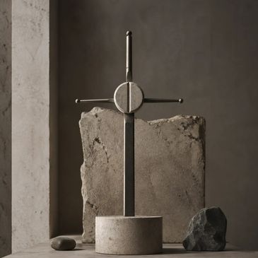 Minimalist sword sculpture with stone elements in muted tones.