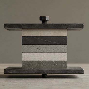 Stacked concrete blocks compressed by metal plates and bolts.