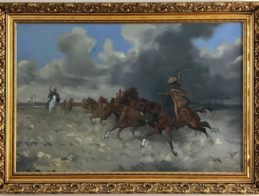 Painting of two horse riders with horses running.