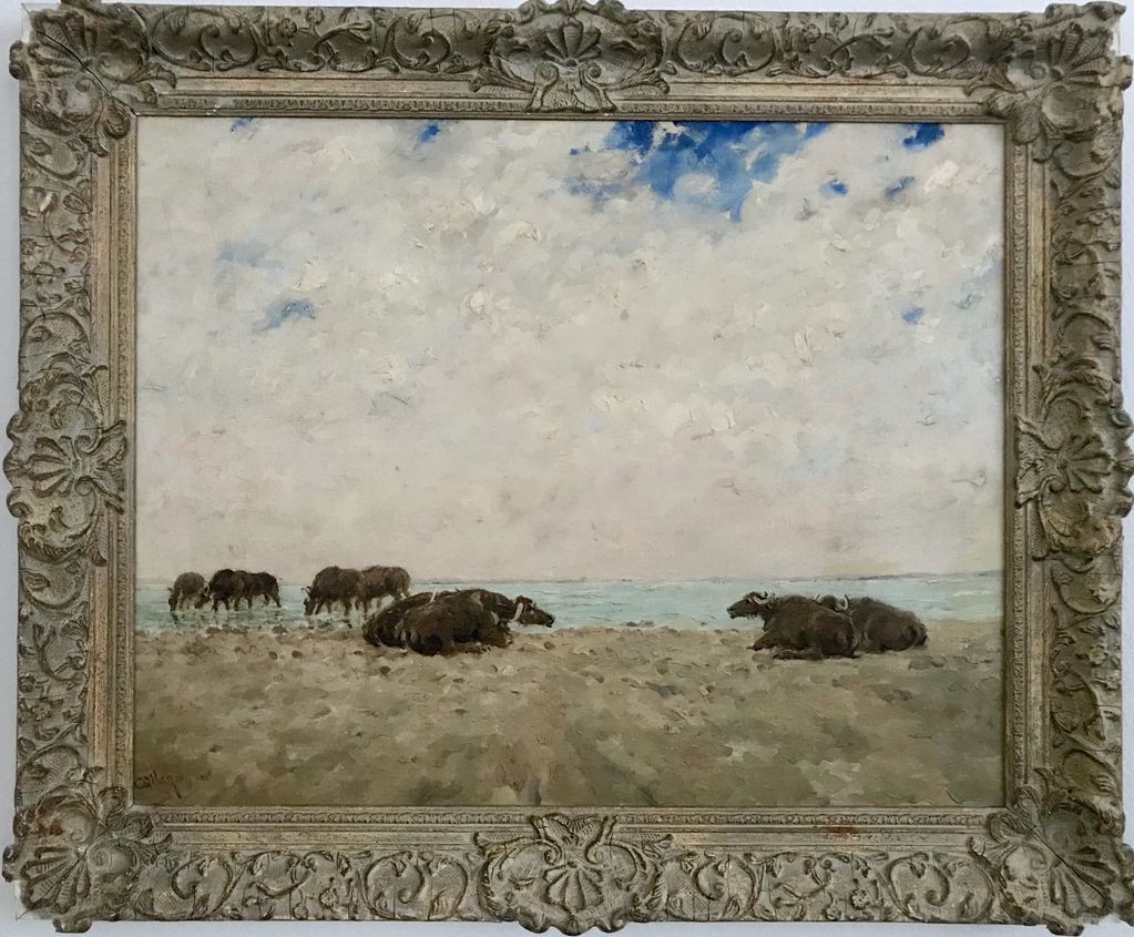 Water buffalo resting by a calm sea under a cloudy sky.