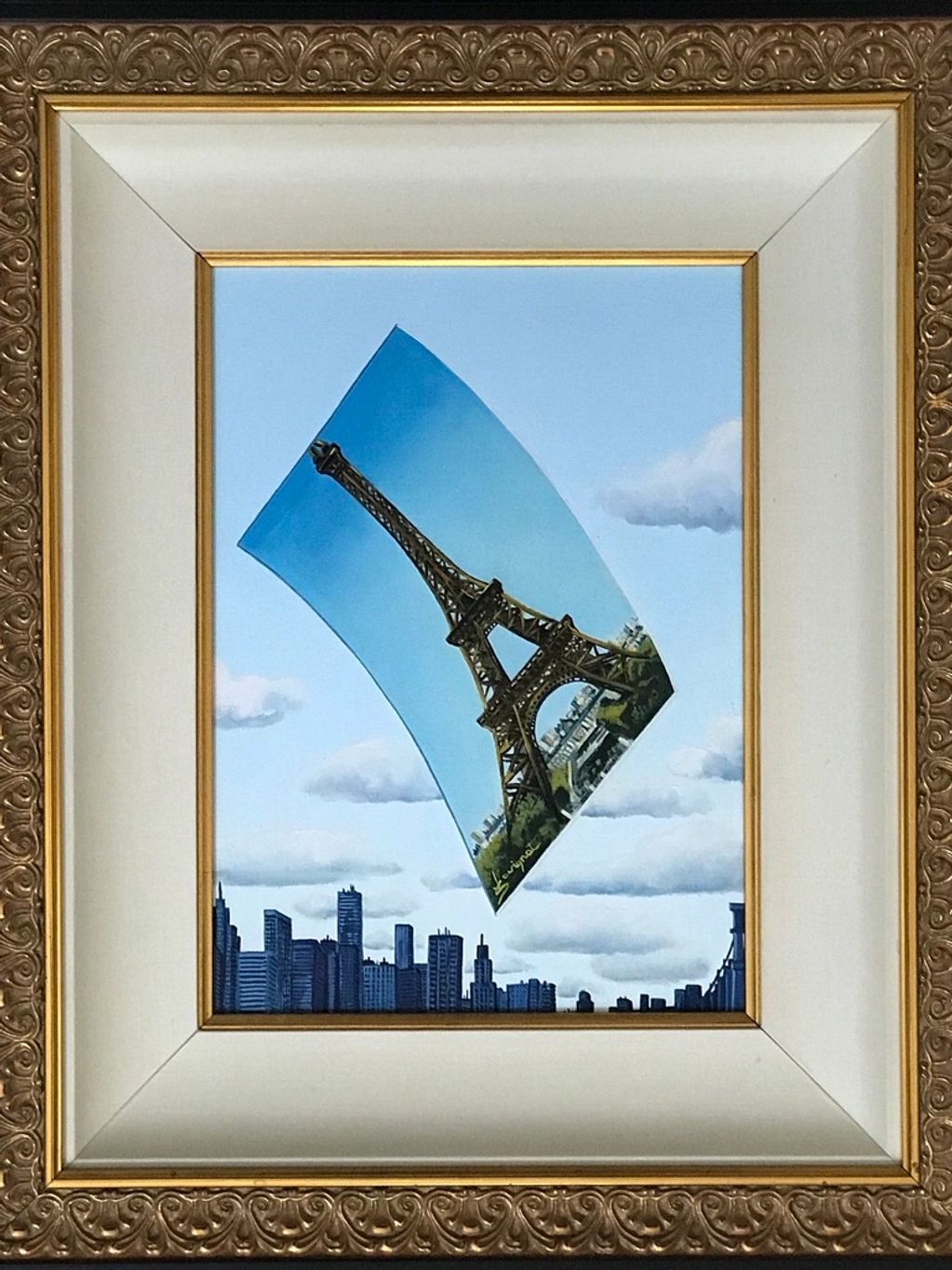 Painting of the Eiffel Tower over a city skyline.