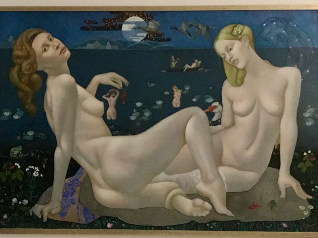 Surreal painting of two nude women by a moonlit lake.