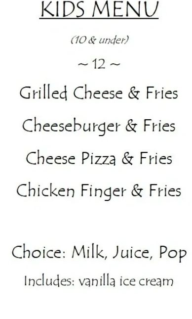 Kids menu with grilled cheese, cheeseburger, pizza, chicken finger, fries, drinks, and vanilla ice cream.